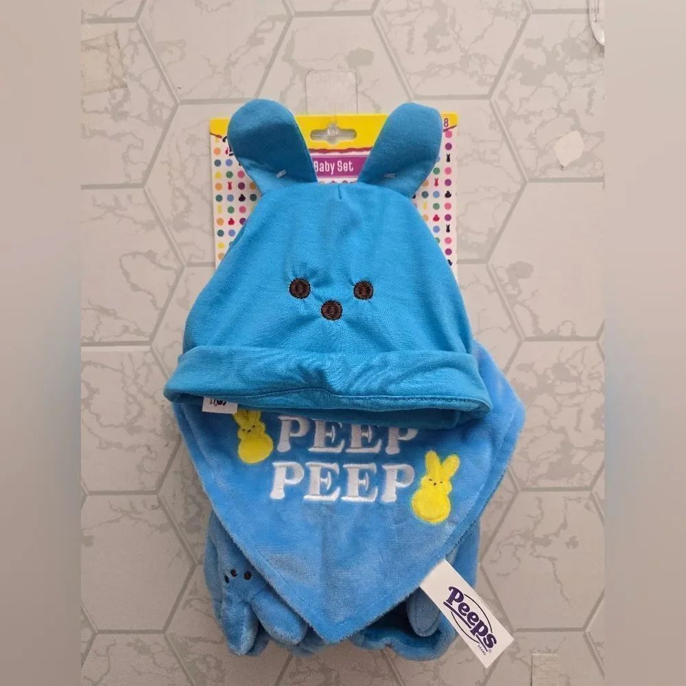 New Blue Peeps Baby girl Set Includes Hat, Bib, Booties Easter Bunny PEEP PEEP